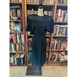 Vintage Handmade 1940s Black Crepe Eveningwear Midi Dress Gown Women's Small